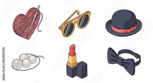 Fashion accessories set - sunglasses, bowler hat, lipstick, yarn, pearls, bowtie
