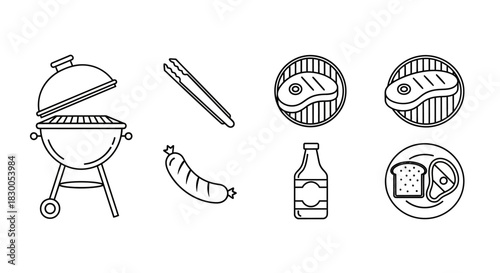 Linear bbq icons: grill, sausages, steak, and condiments for summer cooking