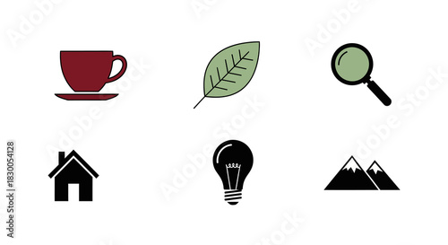 Minimalist icon set featuring coffee, leaf, magnifying glass, house, light bulb, and mountains