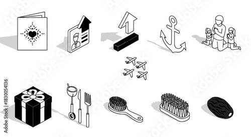 Isometric black and white icons: travel, family, and gift themes