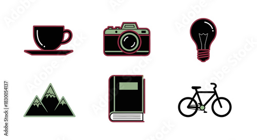 Minimalist icons: coffee, camera, light bulb, mountains, book, and bicycle
