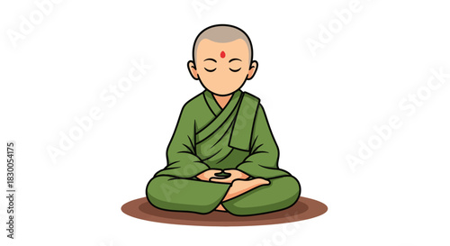 Meditative calm: cartoon monk in tranquil pose on white background