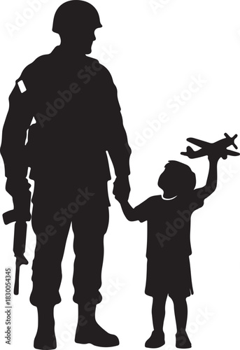 Soldier and child silhouette holding hands, symbolizing military family bond, protection, and a child's innocent dreams of flight.