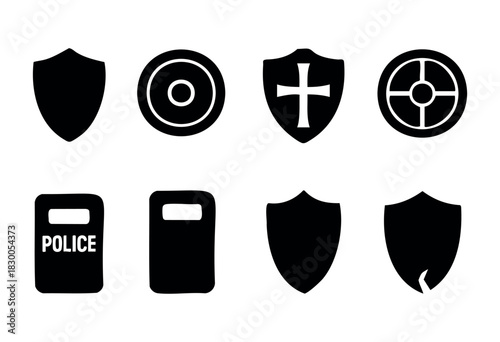 Simple minimalist shield icons — defense, police, and protection — stock vector.