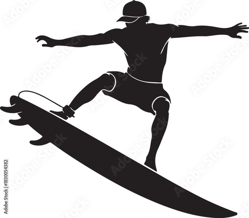 Dynamic silhouette of surfer riding a wave. man on surfboard, vector for water sports, beach, summer, ocean, adventure, recreation, extreme sports, lifestyle.
