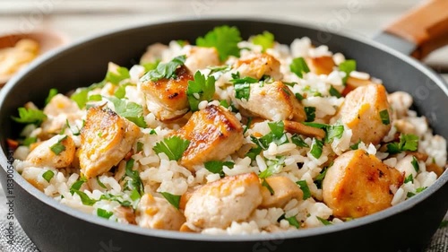 Delectable Chicken and Rice Dish: A close-up shot of a savory chicken and rice dish, expertly prepared in a sleek black pan, with fresh herbs and a touch of culinary mastery.