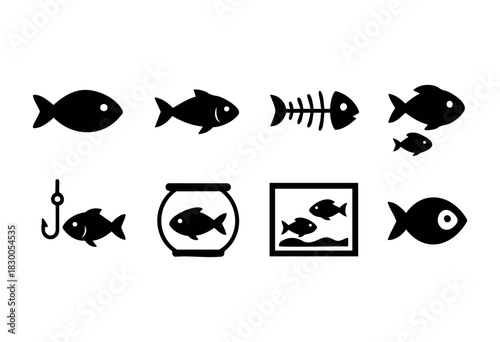 Simple fish and marine life icons — fish, aquarium, and hook — stock vector.
