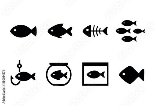 Simple fish and marine life icons — fish, aquarium, and hook — stock vector.