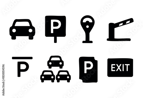 Simple parking and car icons — parking sign, ticket, and barrier — stock vector.