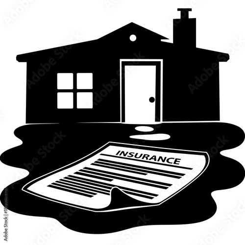 Flooded house with insurance document, property damage and recovery process