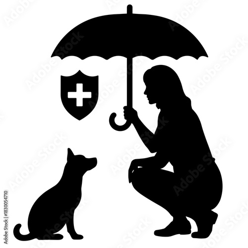 Silhouette of person holding umbrella over dog with shield symbol, pet care and insurance concept