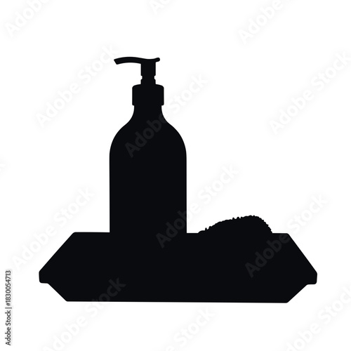 Silhouette of eco dish soap bottle with loofah on bamboo tray, zero waste and sustainable cleaning products