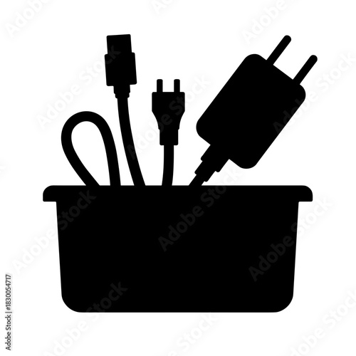 Silhouette of cable and charger storage box, tech organization and desk tidiness solution