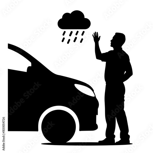 Silhouette of person inspecting car after hailstorm, weather damage and insurance claim concept