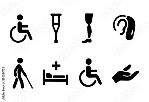 Minimalist disability and accessibility icons — wheelchair, prosthetic, and cane — stock vector.