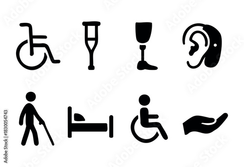 Minimalist disability and accessibility icons — wheelchair, prosthetic, and cane — stock vector.