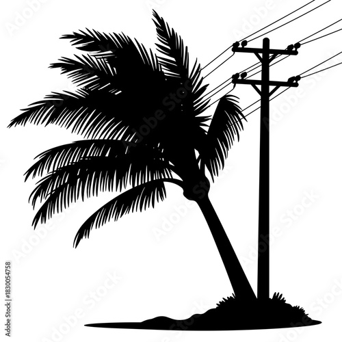 Tree silhouette colliding with power lines, environmental risk and utility disruption in storm scenario