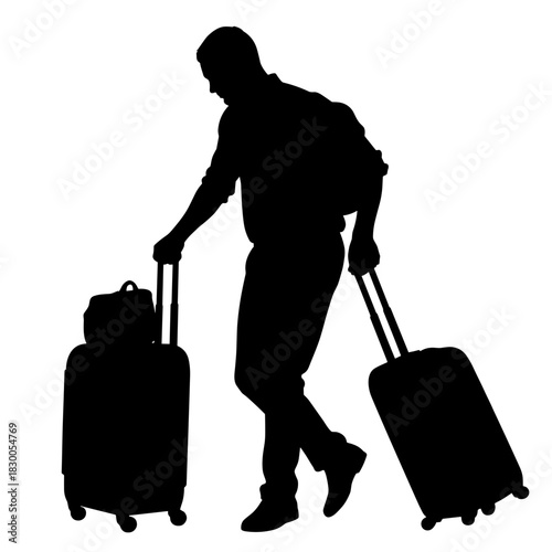 Silhouette of traveler stumbling over suitcase in airport, travel safety and accident risk awareness