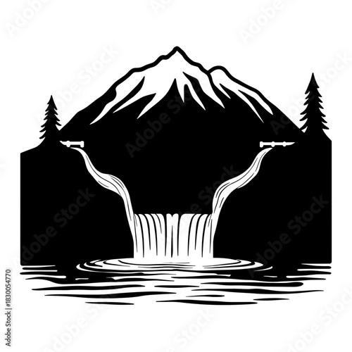 Silhouette of hydro pipe network and waterfall beneath mountain, water energy and natural infrastructure in sustainable design