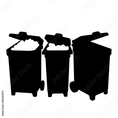 Silhouette of recycling bins with open lids, waste sorting and sustainability in waste management