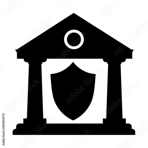 Bank building with shield symbol, financial security and protection in banking industry