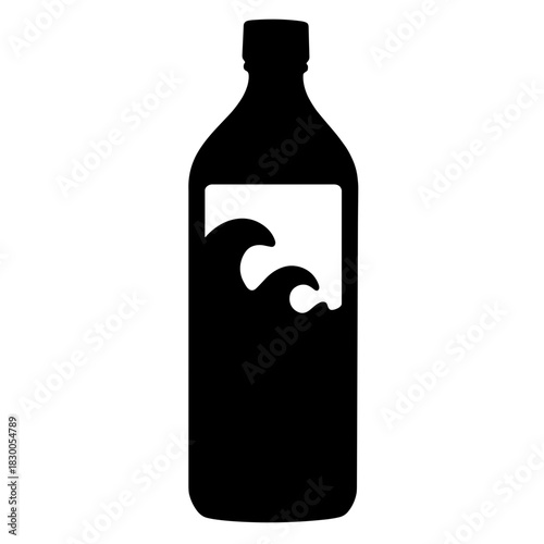 Silhouette of bottle with wave symbolizing ocean pollution, marine contamination and eco awareness