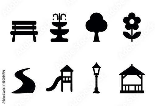 Simple park and nature icons — bench, fountain, and tree — stock vector.