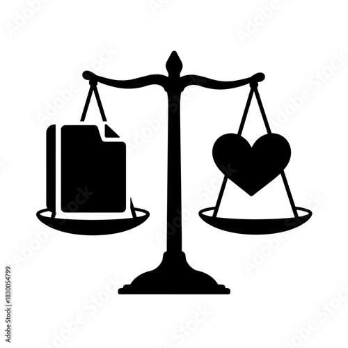 Silhouette of scale balancing folder and heart, policy decision and emotional value in business ethics