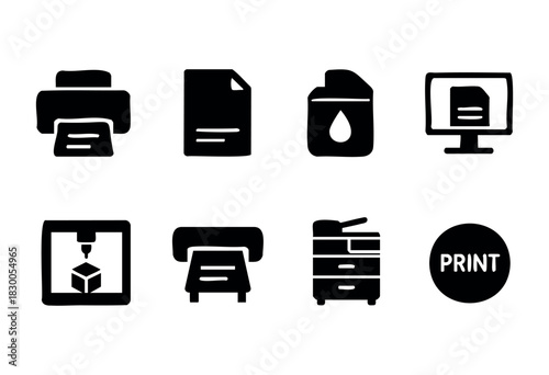 Minimalist printing and office icons — printer, paper, and ink — stock vector.