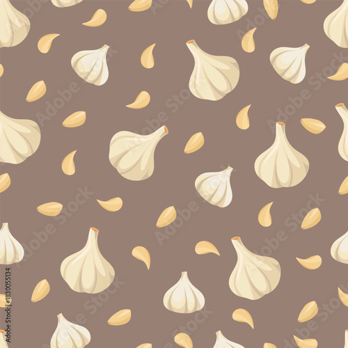 Garlic seamless pattern. Flat vector clipart, illustration with isolated background.