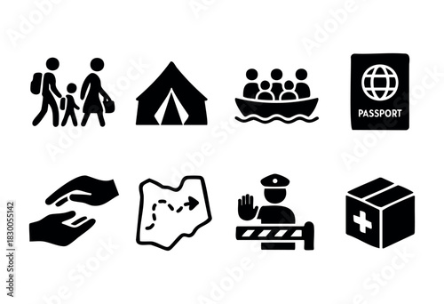 Humanitarian refugee and migration icons — tent, boat, and passport — stock vector.