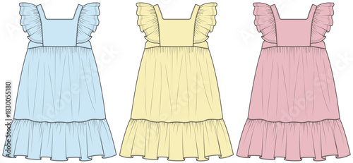 girls ruffle sleeve dress flat sketch vector illustration technical cad drawing template