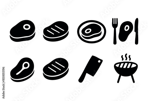 Minimalist steak and meat food icons — grill, knife, and beef — stock vector.