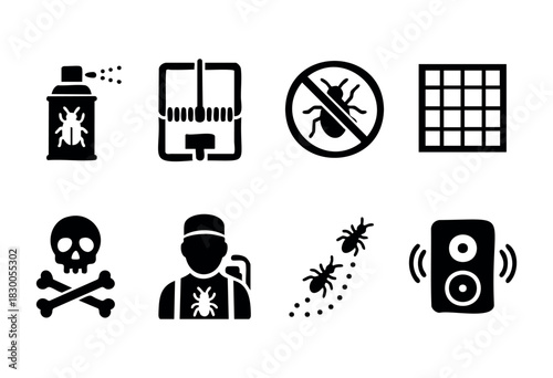 Simple pest control and disinfection icons — insect spray, trap, and exterminator — stock vector.