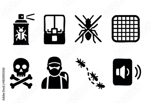 Simple pest control and disinfection icons — insect spray, trap, and exterminator — stock vector.