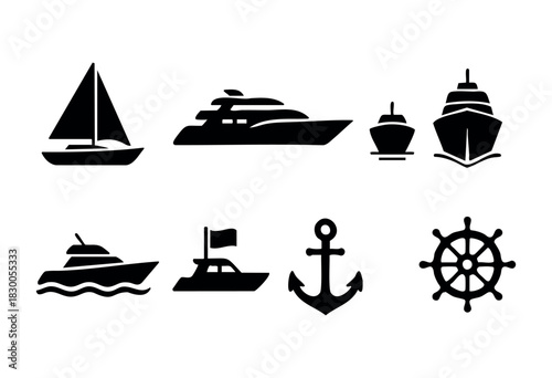 Simple yacht and sailing icons — boat, anchor, and ship wheel — stock vector.