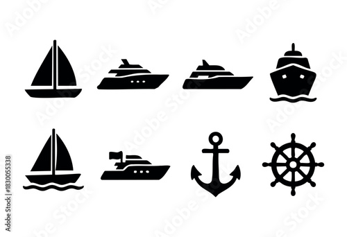 Simple yacht and sailing icons — boat, anchor, and ship wheel — stock vector.