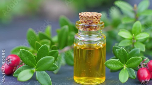 A small glass bottle filled with amber liquid and berries