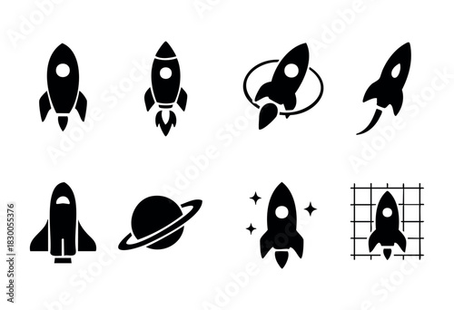 Simple rocket and space icons — shuttle, planet, and launch — stock vector.