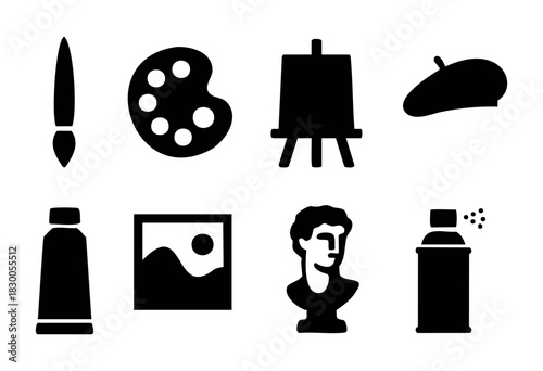 Minimalist art and painting icons — brush, palette, and easel — stock vector.