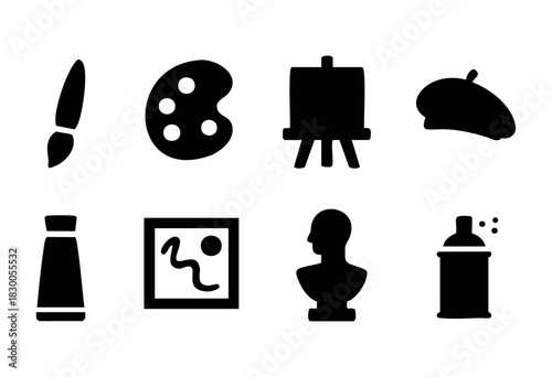 Minimalist art and painting icons — brush, palette, and easel — stock vector.