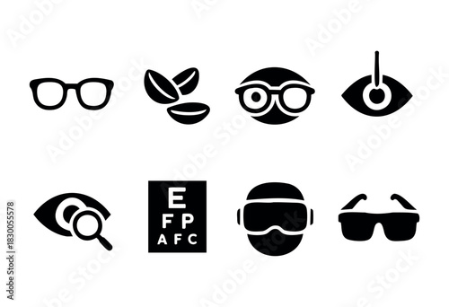 Minimalist eye care and vision icons — glasses, contact lenses, and optometry — stock vector.