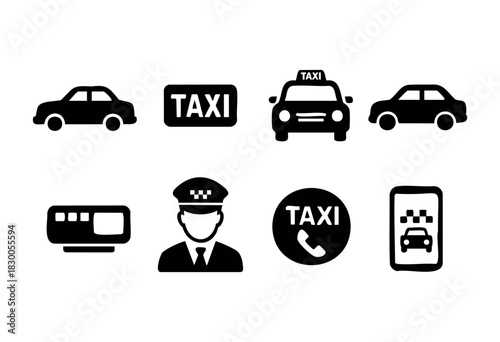 Simple taxi and transportation icons — cab, driver, and phone app — stock vector.