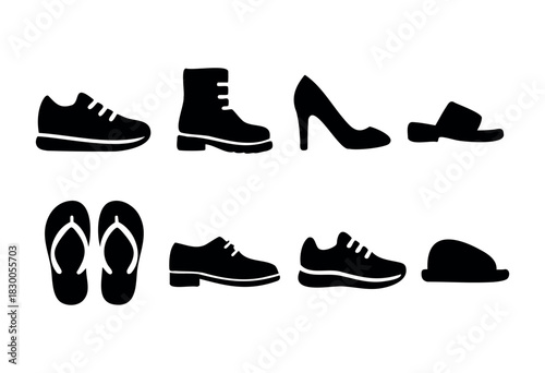 Simple footwear and fashion icons — sneakers, boots, and sandals — stock vector.