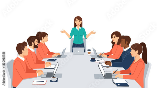 Diverse team meeting with laptops and notebooks in modern office setting