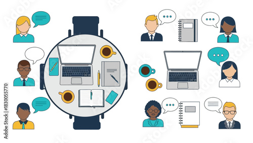 Business meeting and online collaboration between diverse professionals in a flat design style