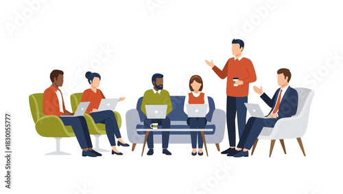 Office team collaboration meeting with laptops and casual attire