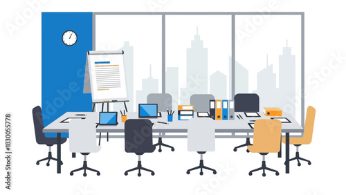 Modern office meeting room with city view and conference table setup