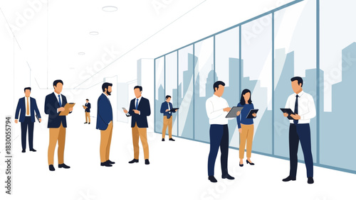 Modern office teamwork with professionals in a sleek corporate environment