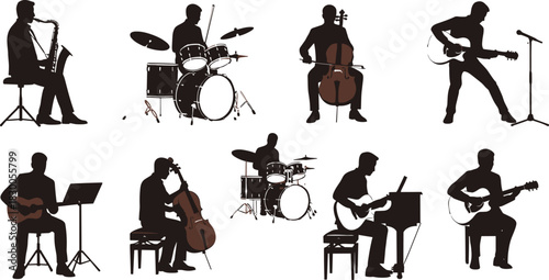 Musicians playing instruments, silhouette style, jazz band, orchestra, live performance, music icons, vector art, editable, isolated, creative design